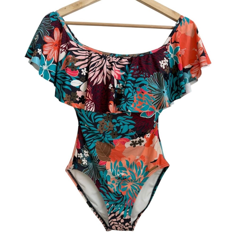 Vince Camuto Multicolor Tropical Floral Ruffle One Piece‎ Swimsuit Size 6 NWT